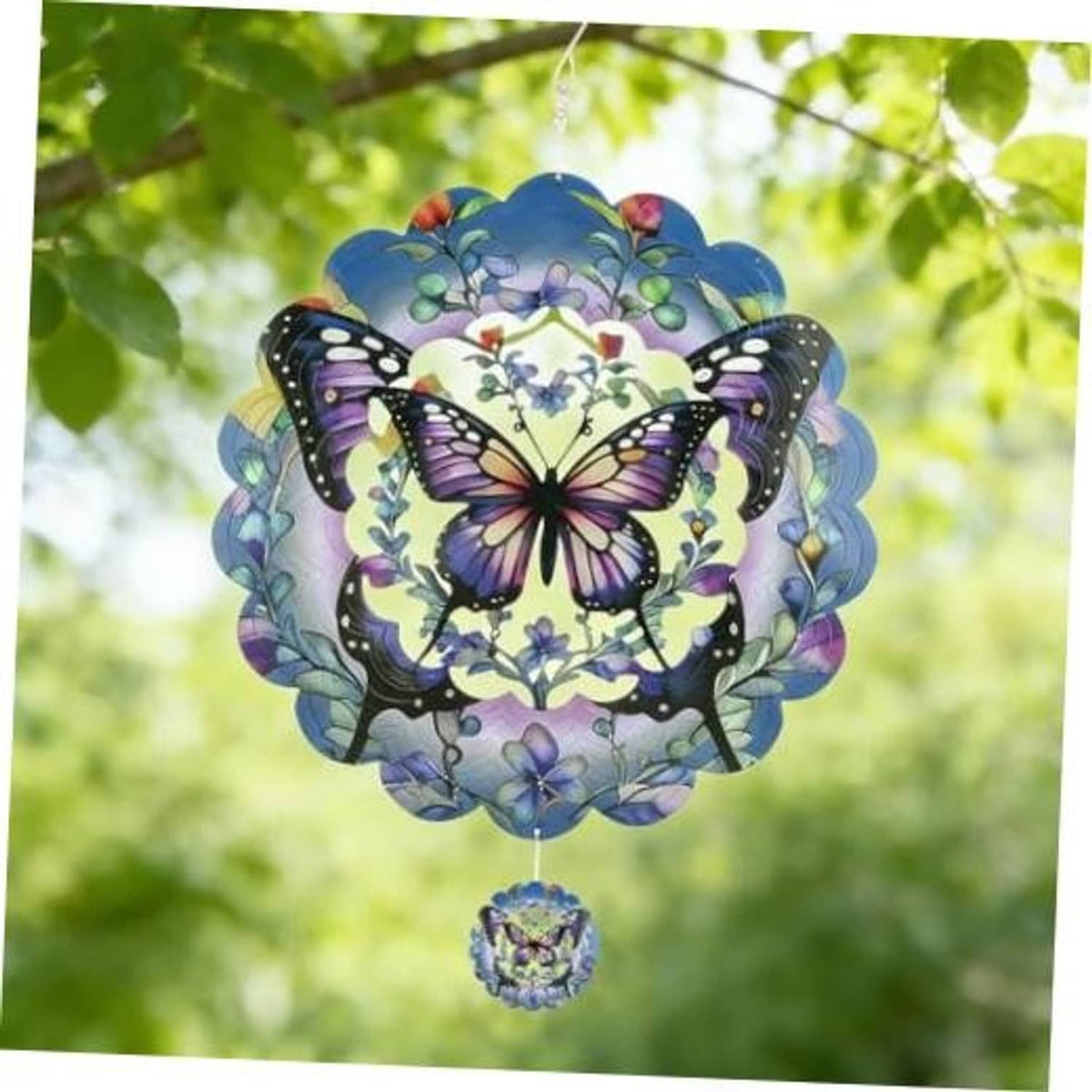 Butterfly 3D wind spinner with blue floral circular design and dangling ornament