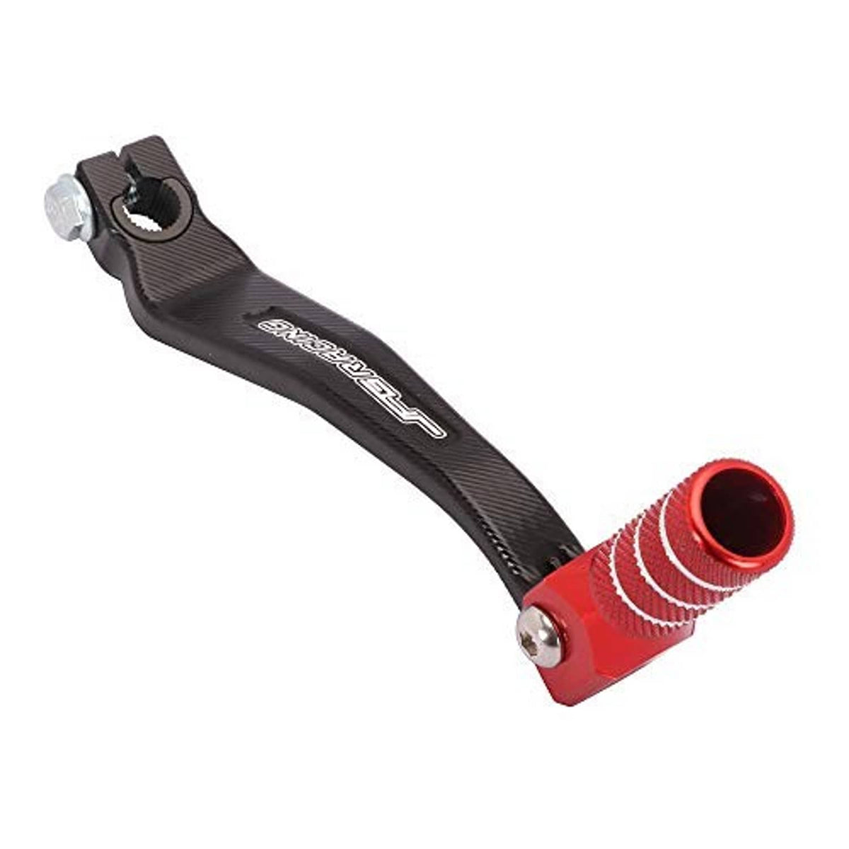 CNC shift lever folding tip with black carbon-fiber style arm and red red-grip end