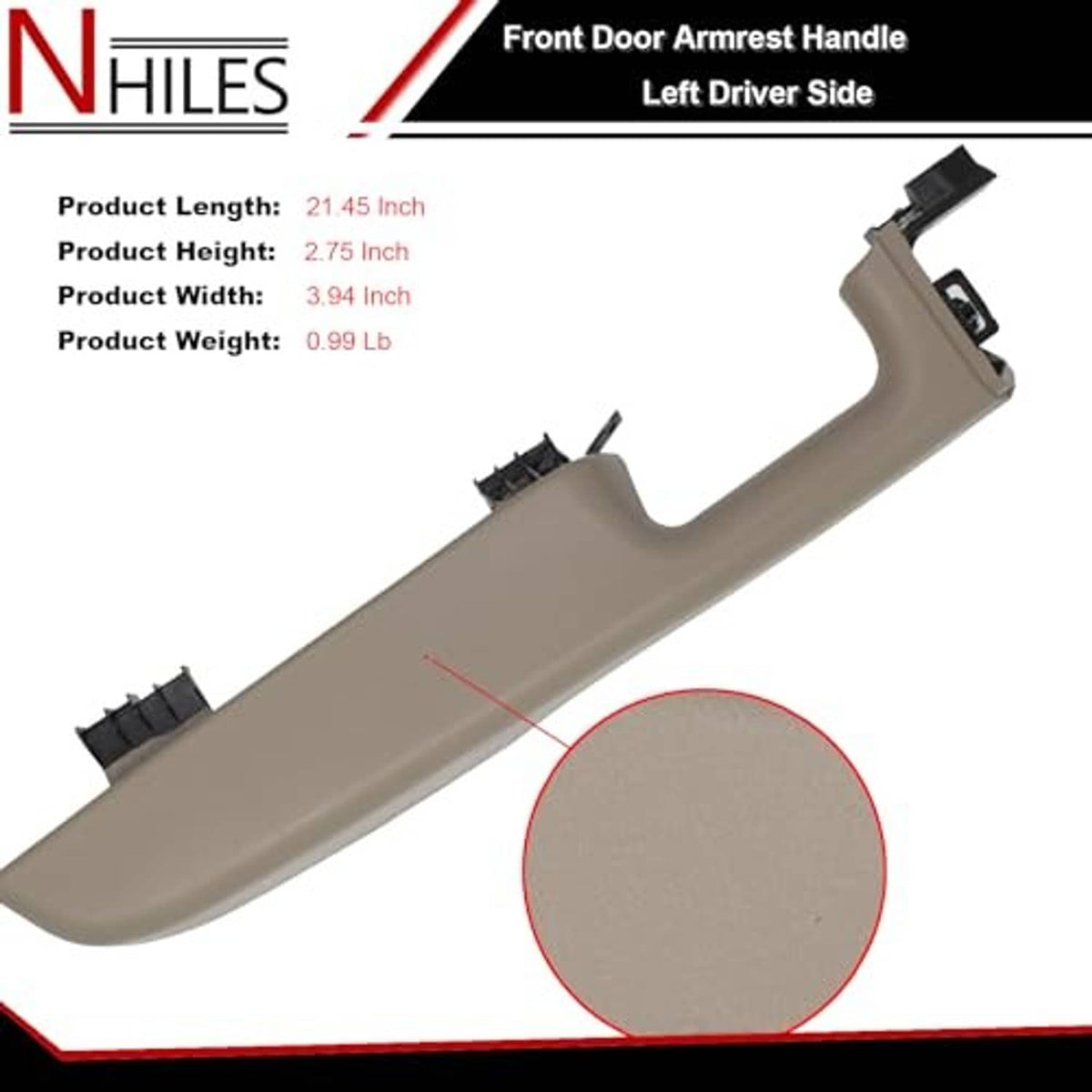 Beige front door armrest handle, side view with circular color reference
