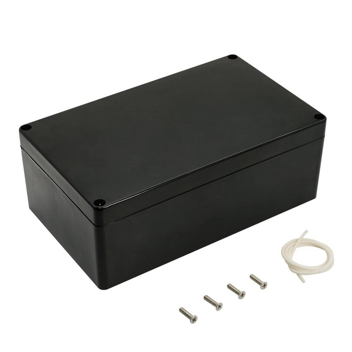 Black ABS project enclosure box with flat lid and corner screw holes