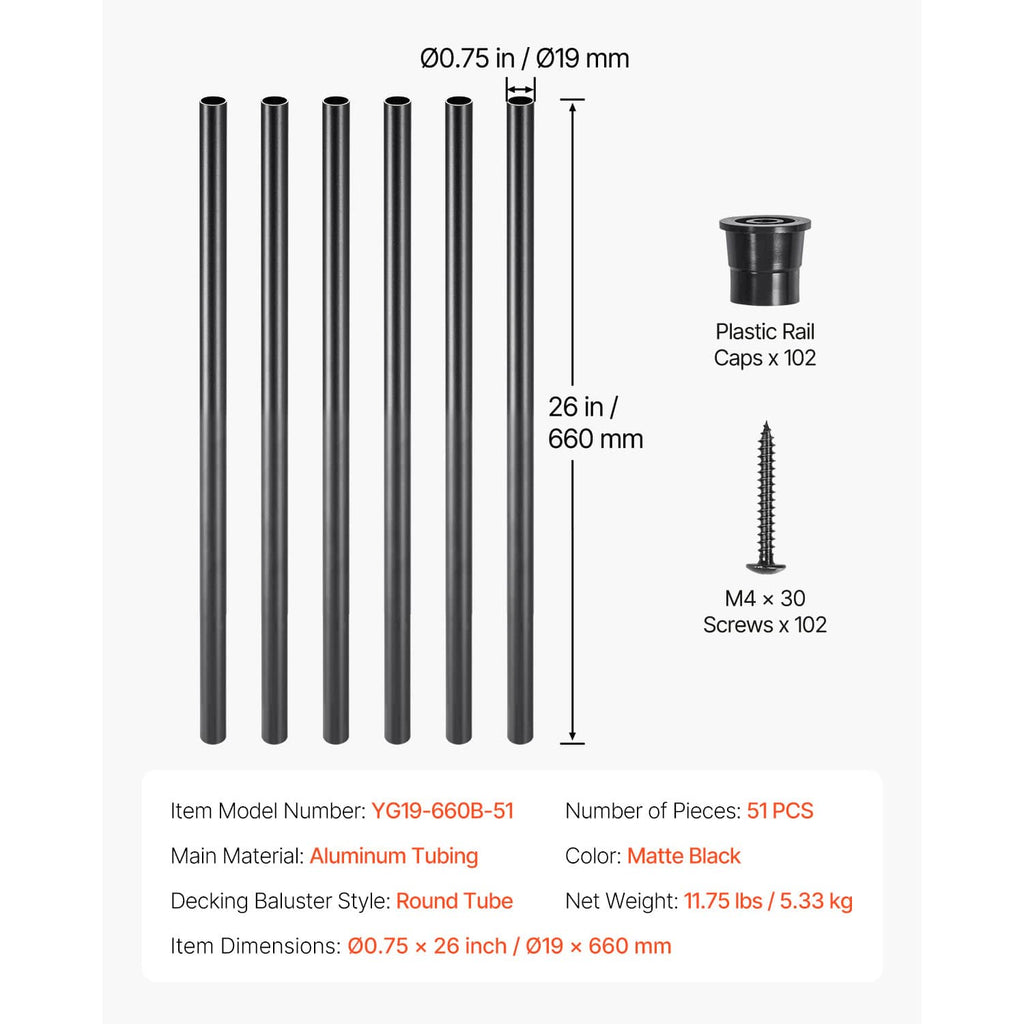 51-pack round matte black aluminum deck balusters, 26 in long, with caps and screws