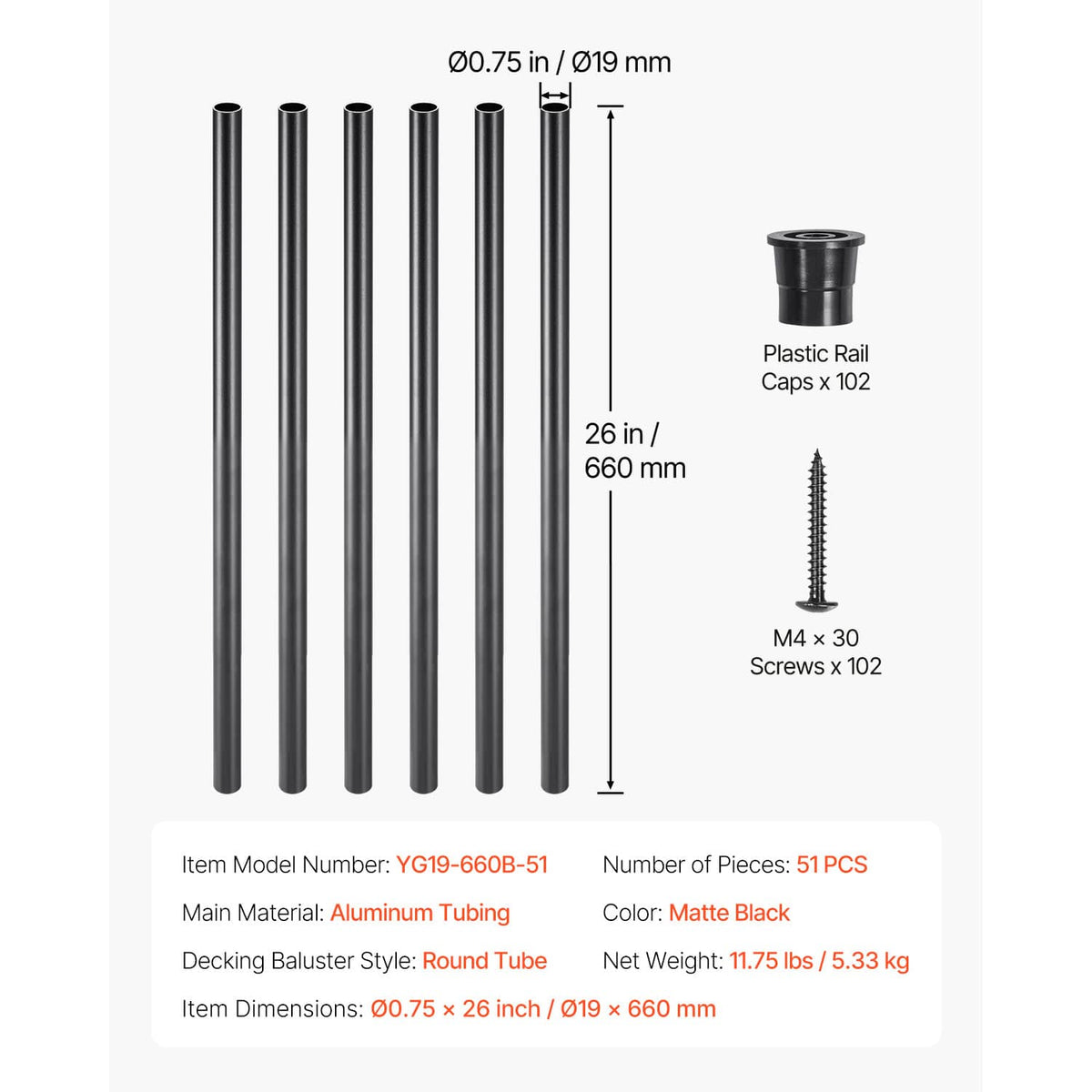 51-pack round matte black aluminum deck balusters, 26 in long, with caps and screws