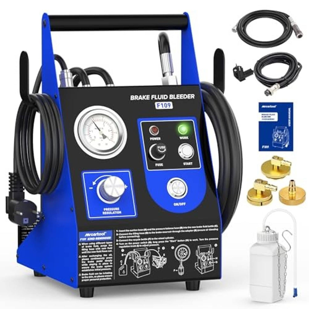 Electric vacuum brake fluid bleeder unit with front gauge, controls, hoses, and accessory bottle