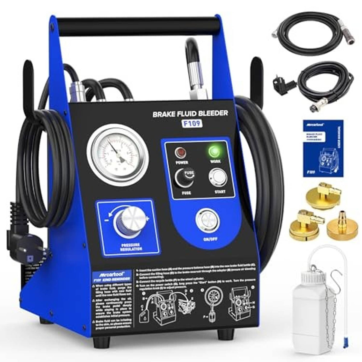 Electric vacuum brake fluid bleeder unit with front gauge, controls, hoses, and accessory bottle