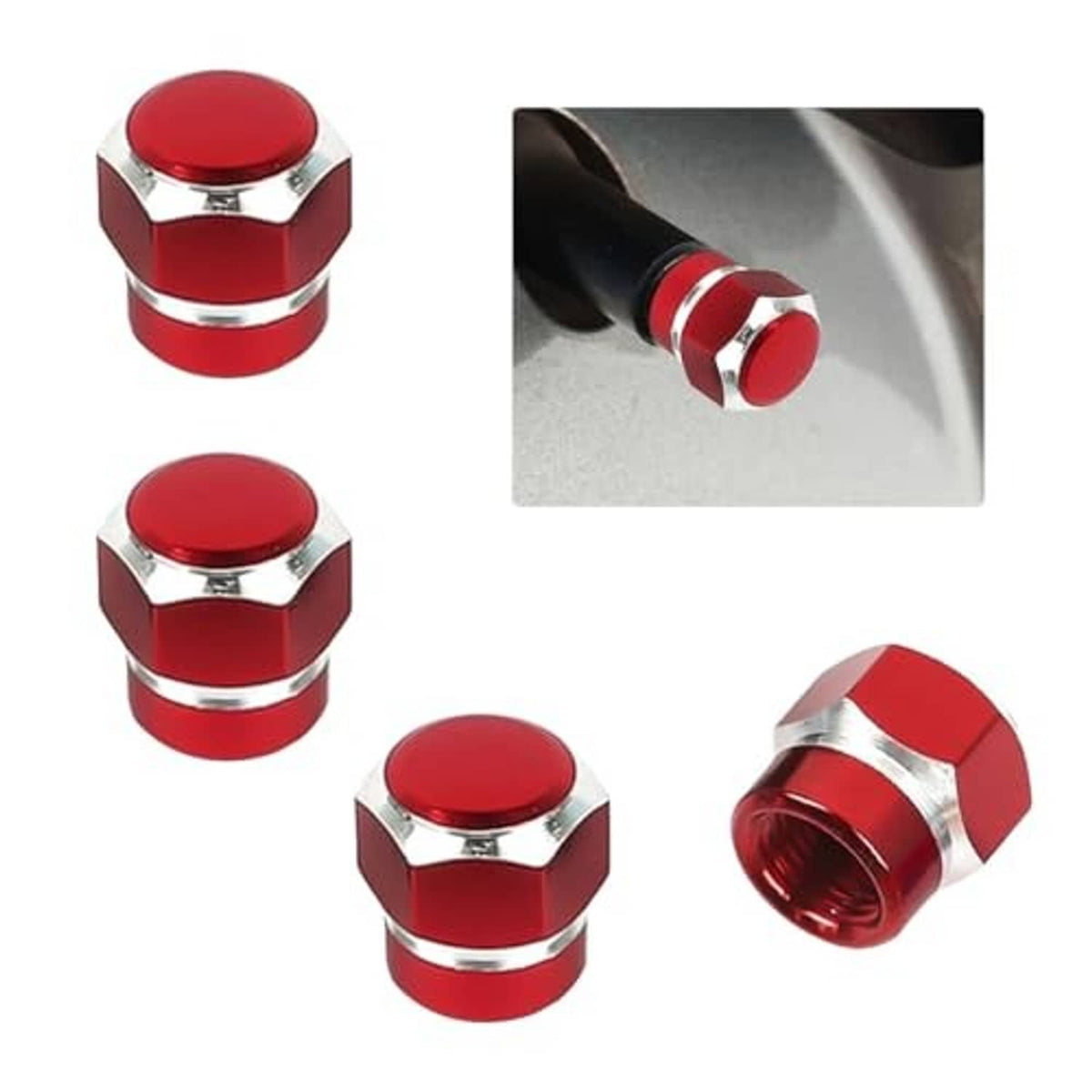 Four-pack red tire valve stem caps with chrome hex collars, front and side views.