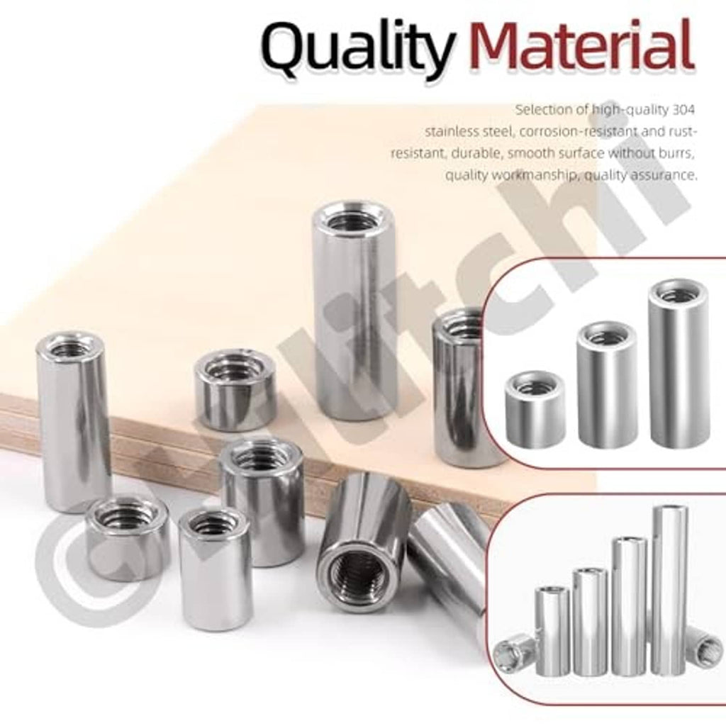 304 stainless steel round connector nuts, cylindrical shape with threaded holes