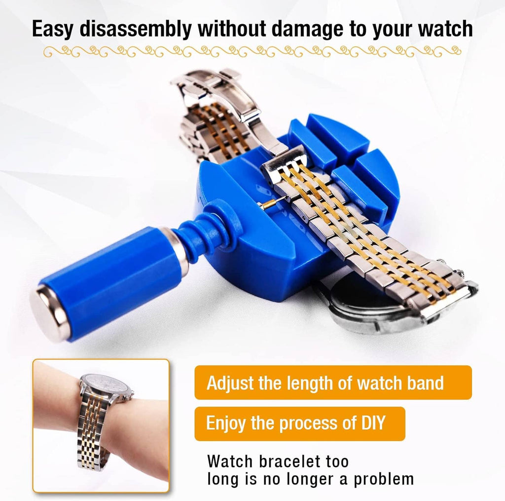Watch bracelet being adjusted on blue link remover tool, punch inserted between links