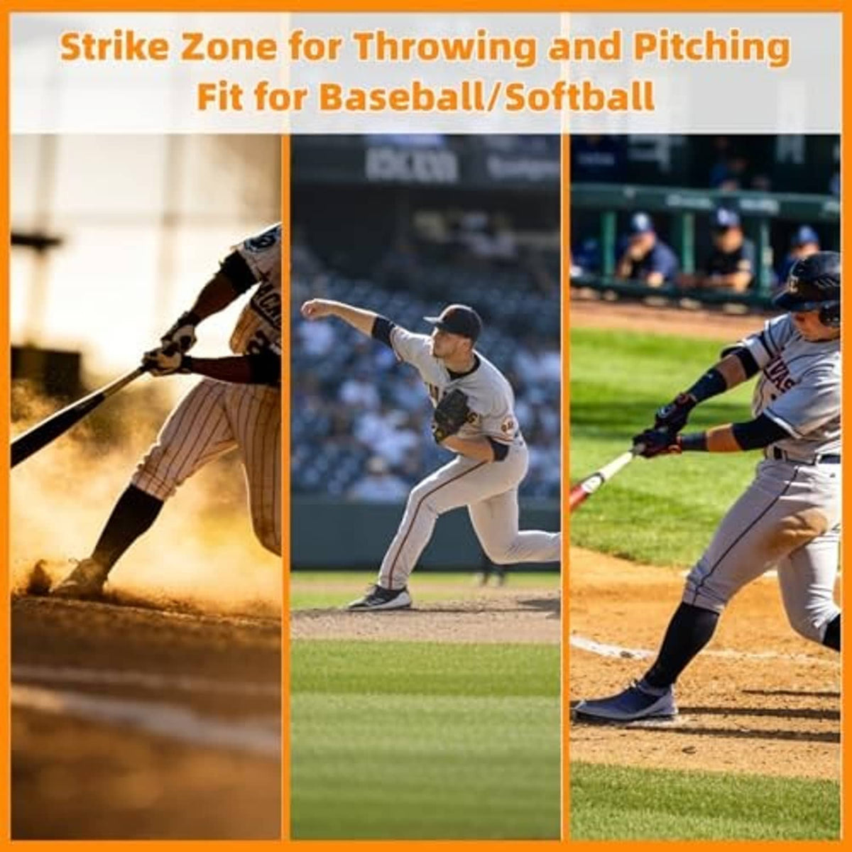 Strike zone target net shown in three throwing and pitching action scenes