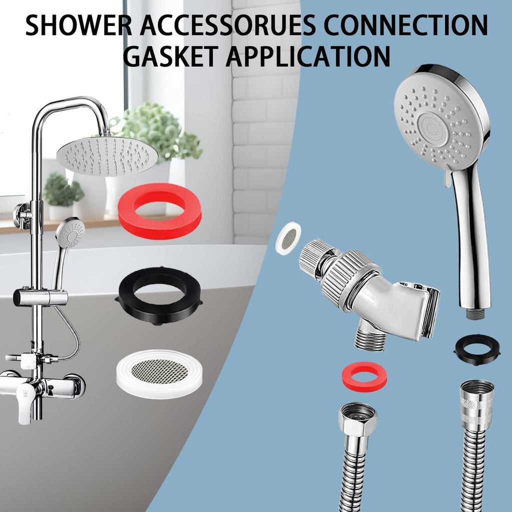 Shower gasket application set with round mesh screens and red and black sealing washers.