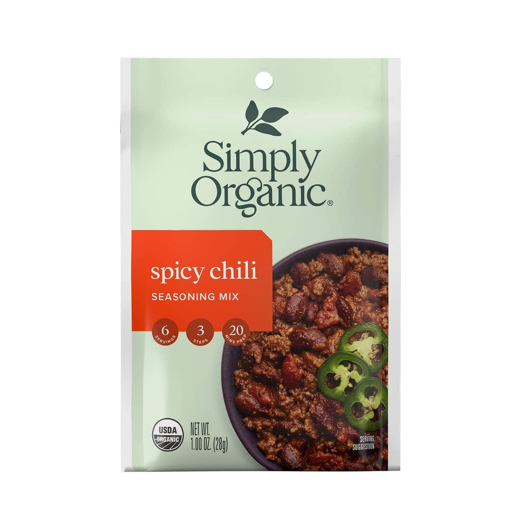 Simply Organic spicy chili seasoning mix pouch with chili bowl photo