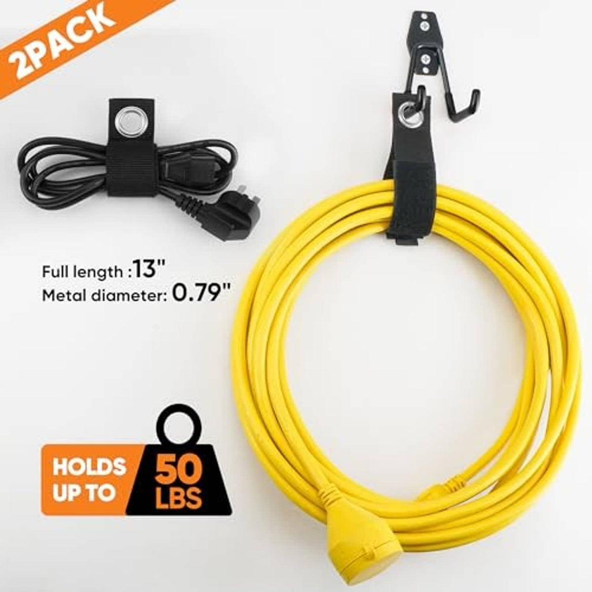 Wave hook kit with attached yellow cord loop and metal mounting hook brackets