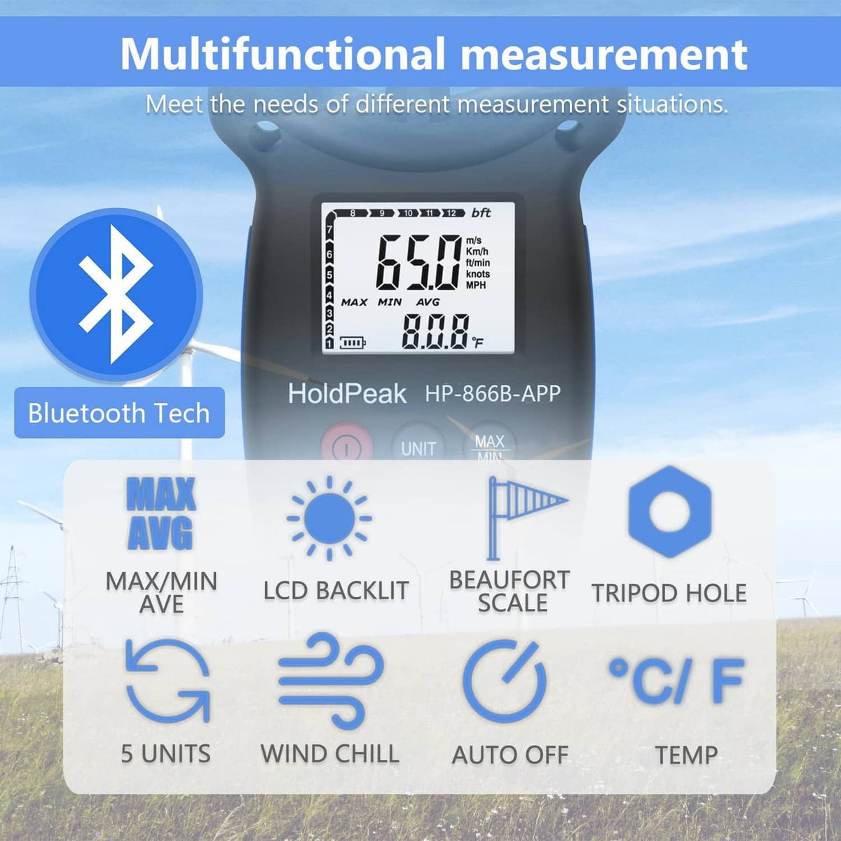 Black anemometer with illuminated LCD showing wind speed and temperature readings