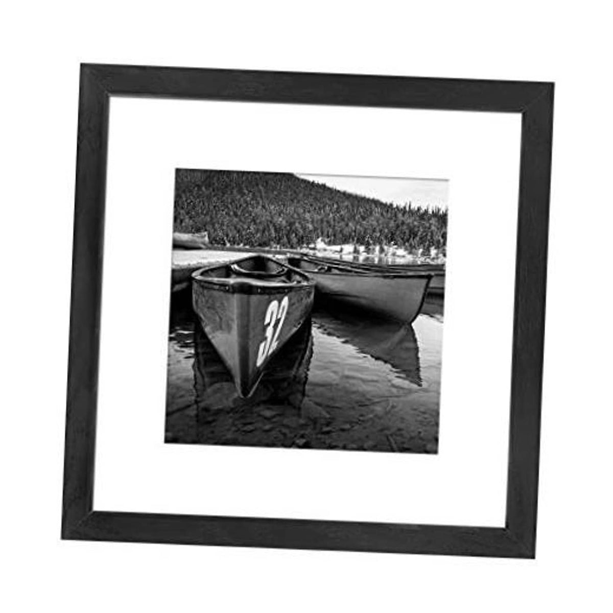 Black 12x12 picture frame with white mat and landscape photo print.