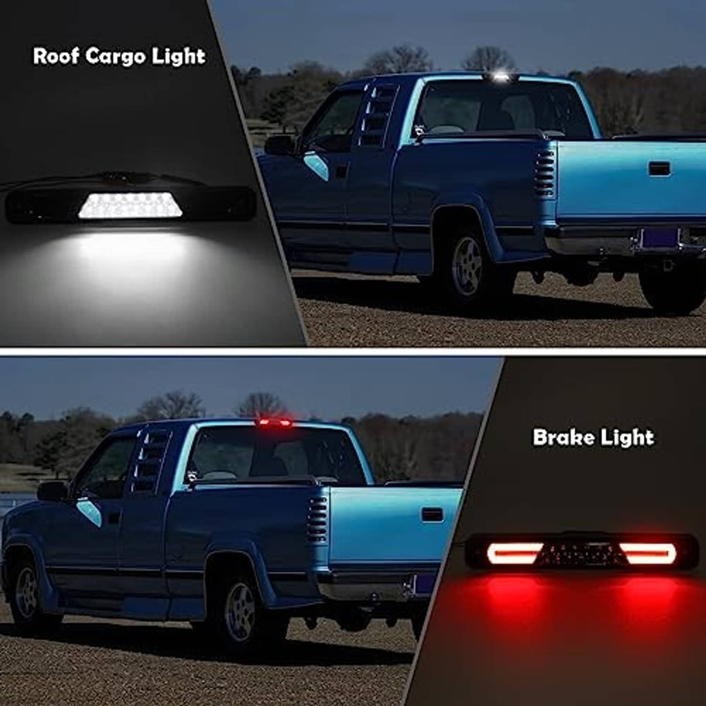 LED third brake light and roof cargo light on truck, red LEDs glowing