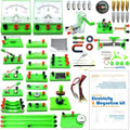 Electricity and magnetism science experiment kit with green boards, meters, and parts