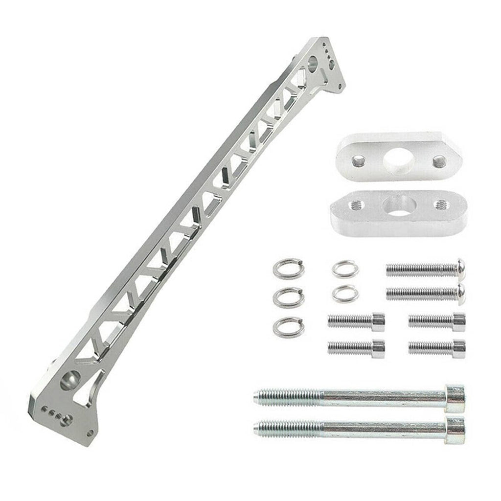 Silver rear subframe brace bar kit with mounting brackets, bolts, and washers