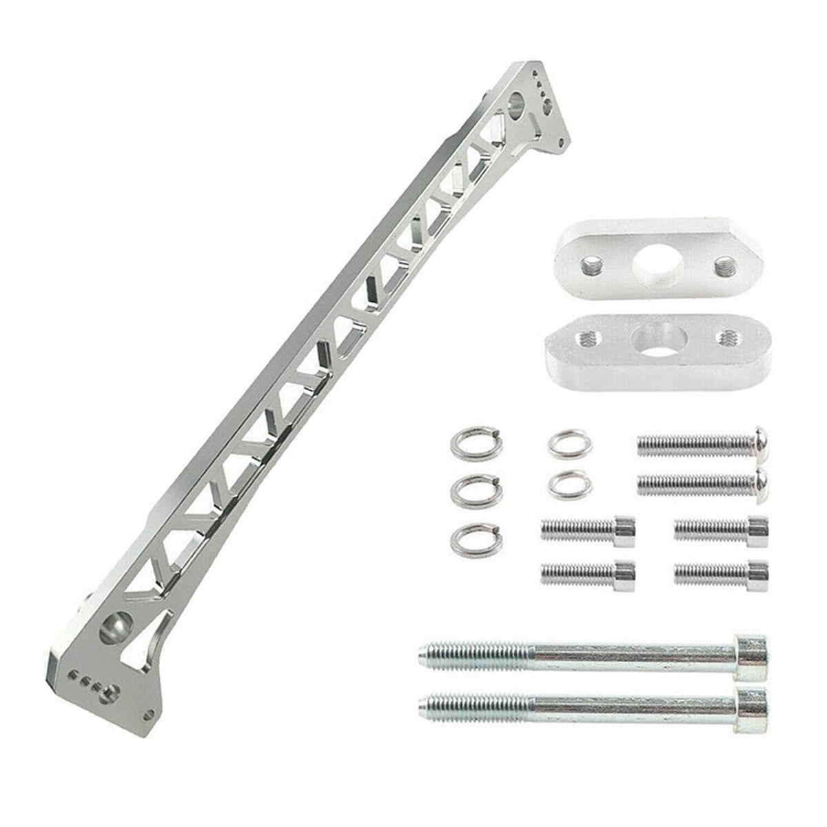 Silver rear subframe brace bar kit with mounting brackets, bolts, and washers