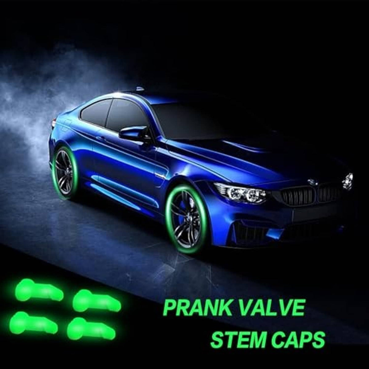 Blue car with green glowing prank valve stem caps