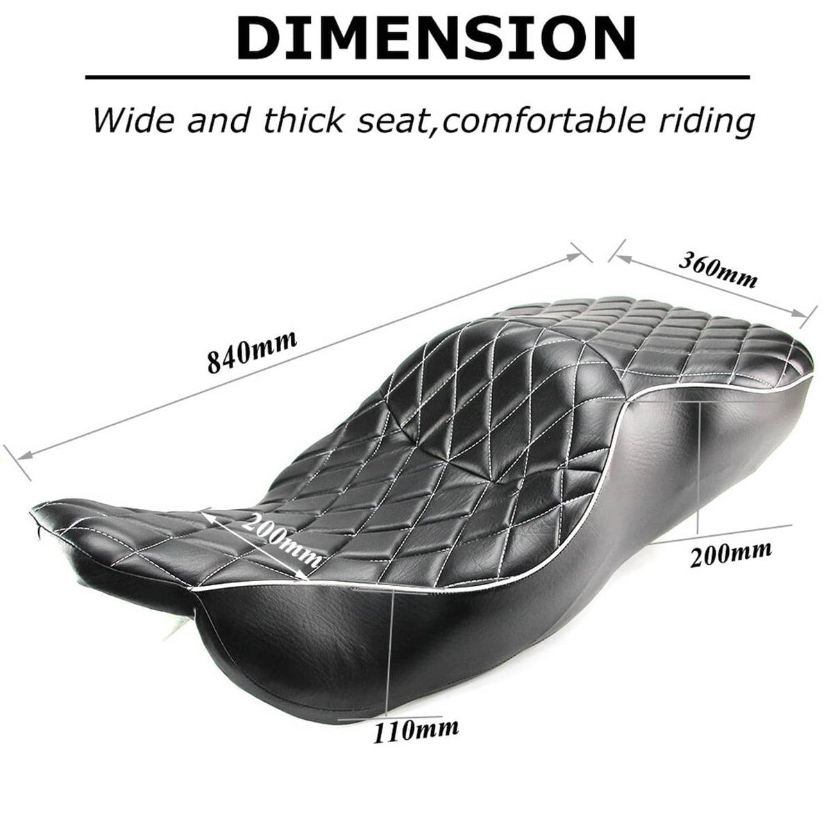 Black diamond-quilt motorcycle seat with padded, contoured riding surface