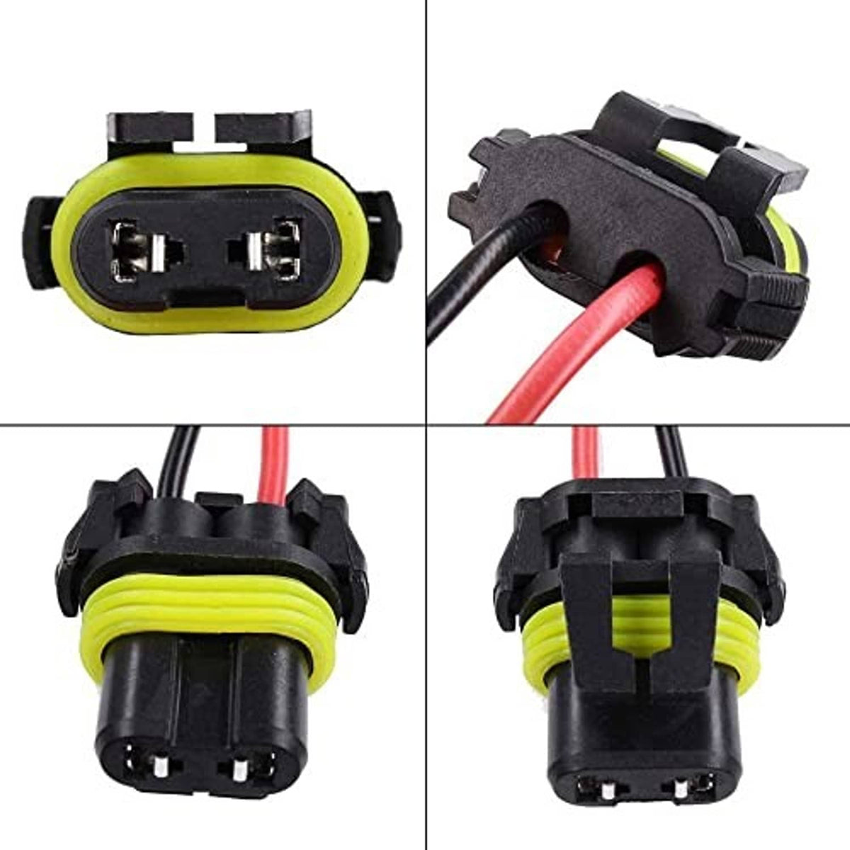 LED female pigtail connector views: black housing, green ring, and red/black wiring