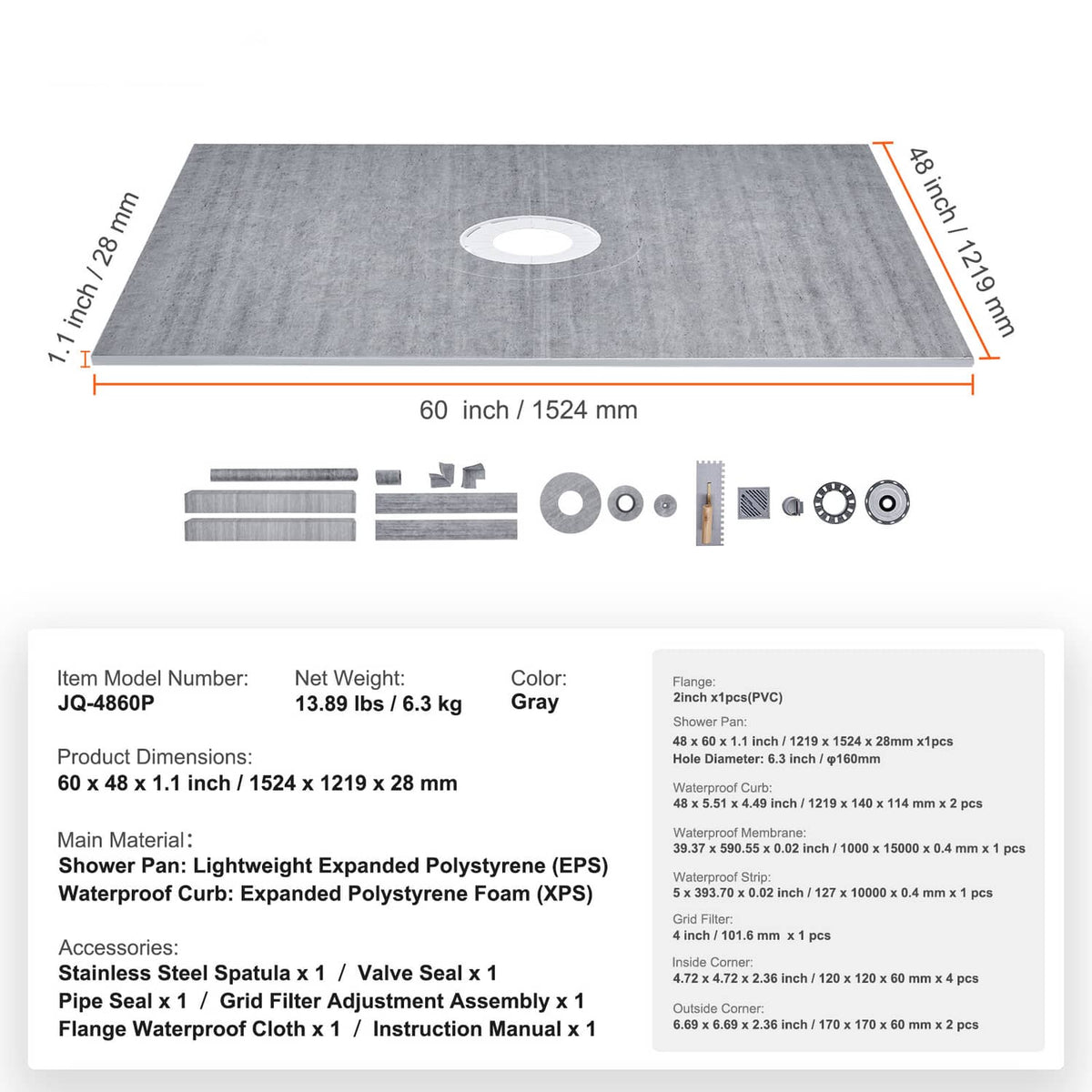 Gray 60x48 shower curb kit panel with central drain opening and included accessory parts