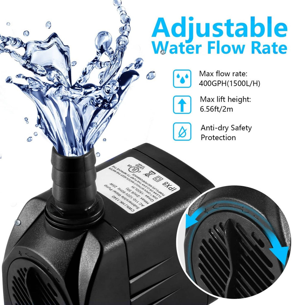 Submersible fountain pump with adjustable flow outlet and front ventilation grille