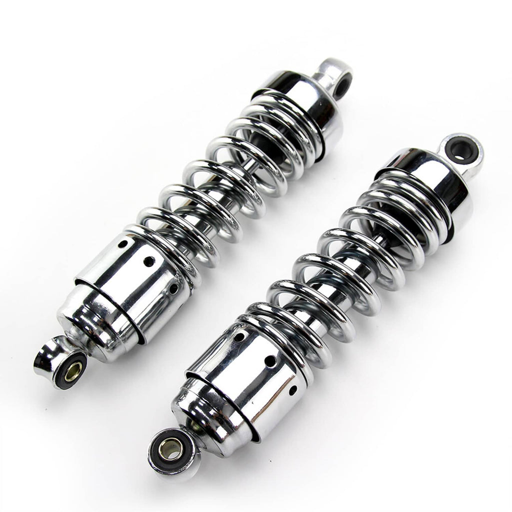 Front view of a pair of rear shocks with chrome bodies and black coil springs