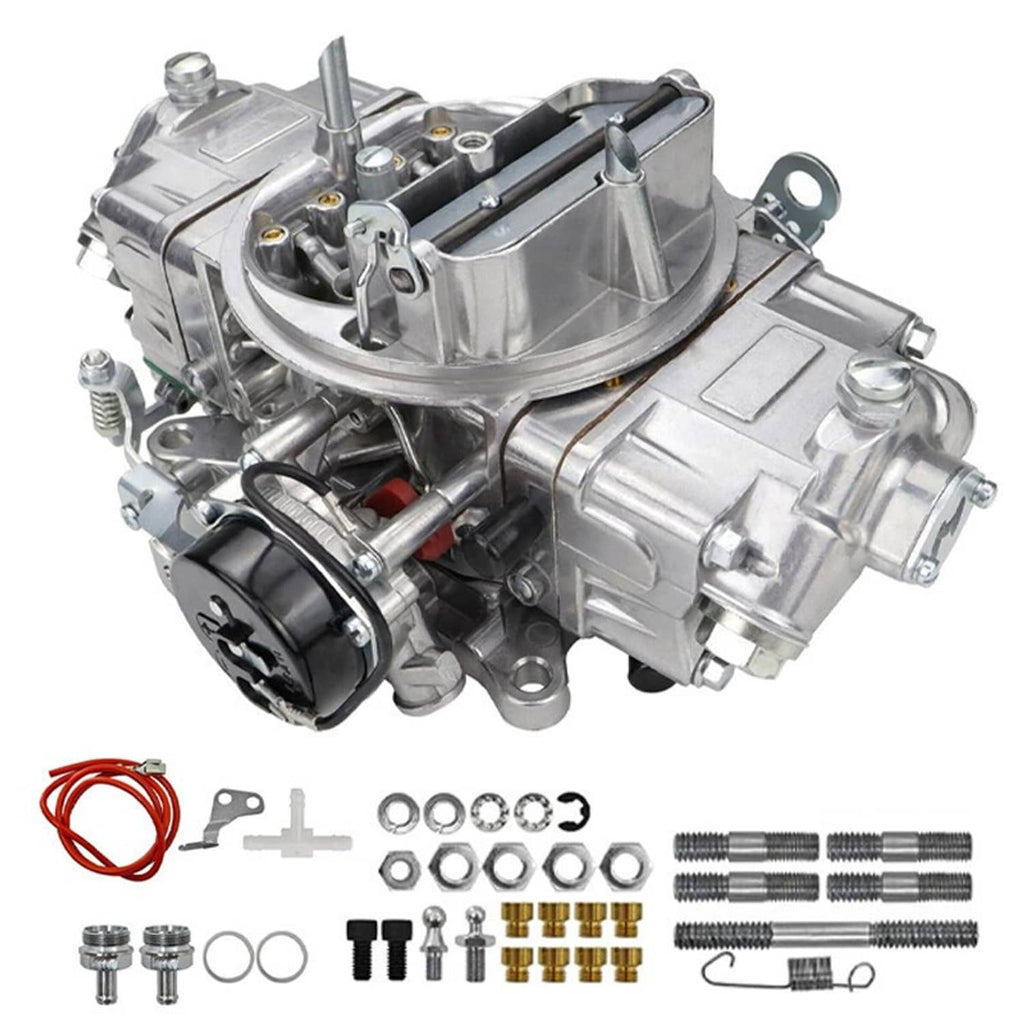 Four-barrel carburetor with electric choke, side view showing linkage and vacuum port