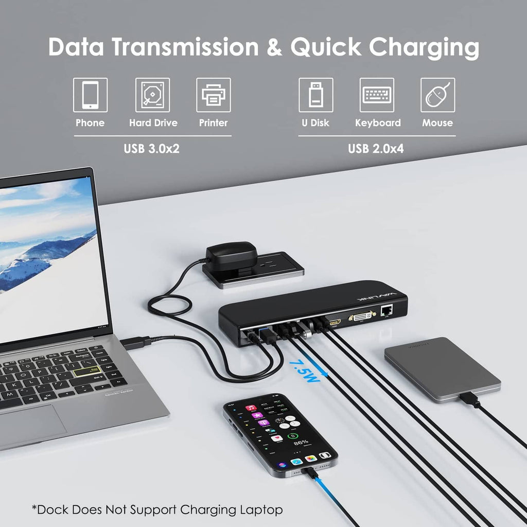 WAVLINK USB laptop docking station, black, with multiple ports connected to laptop and phone
