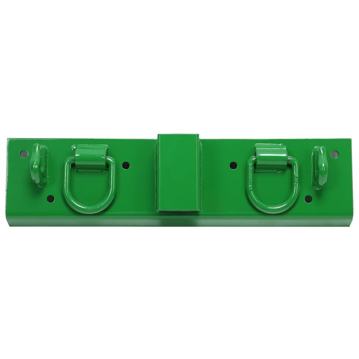 Green steel mounting bar with two D-ring grab hooks and side latching tabs