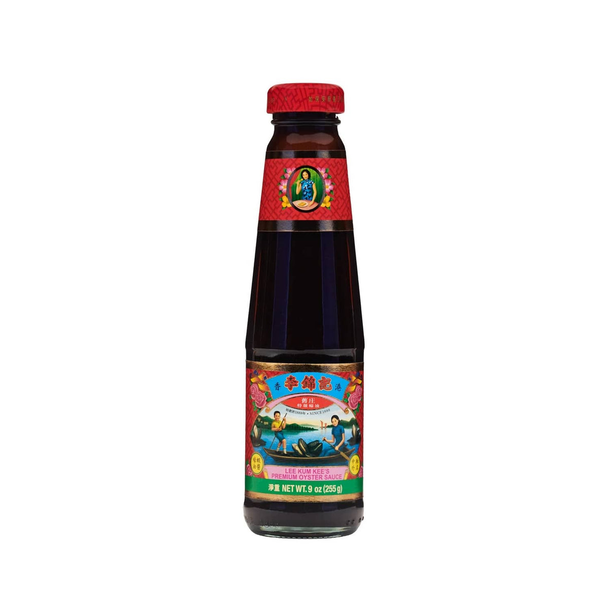 Oyster sauce bottle with red cap and illustrated front label
