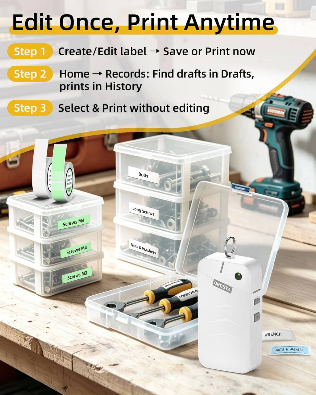 White ORGSTA label maker with multiple tape labels and organizer bins on workbench