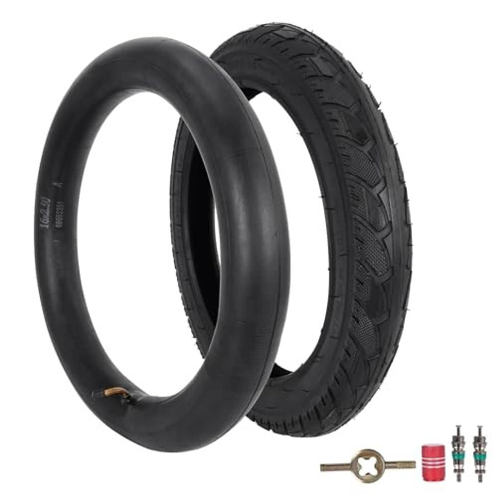 Black 16x2.50 tire and inner tube set showing treaded outer tire profile