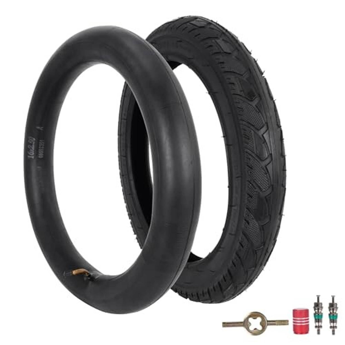 Black 16x2.50 tire and inner tube set showing treaded outer tire profile