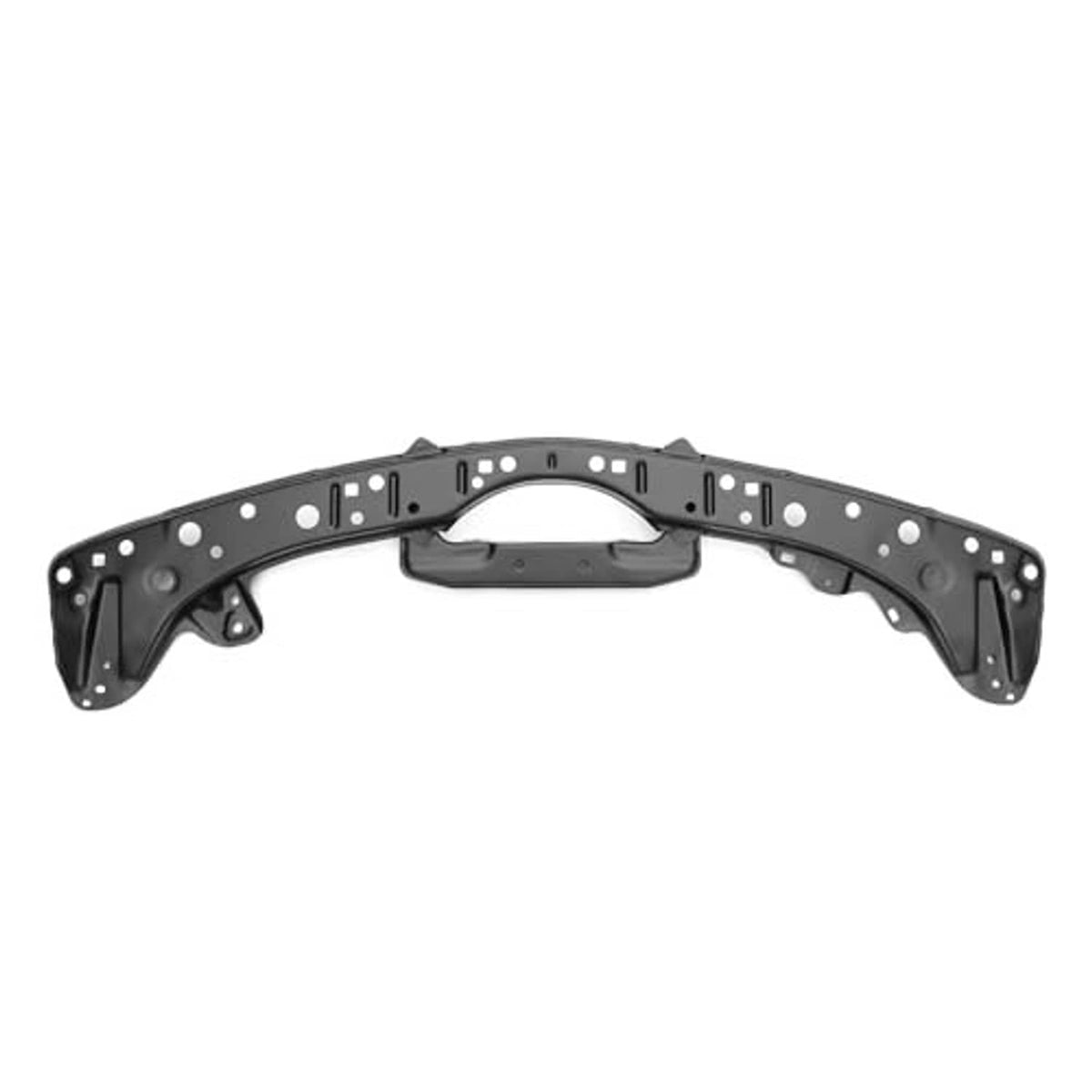 Black front upper radiator support beam, underside view with central opening and brackets