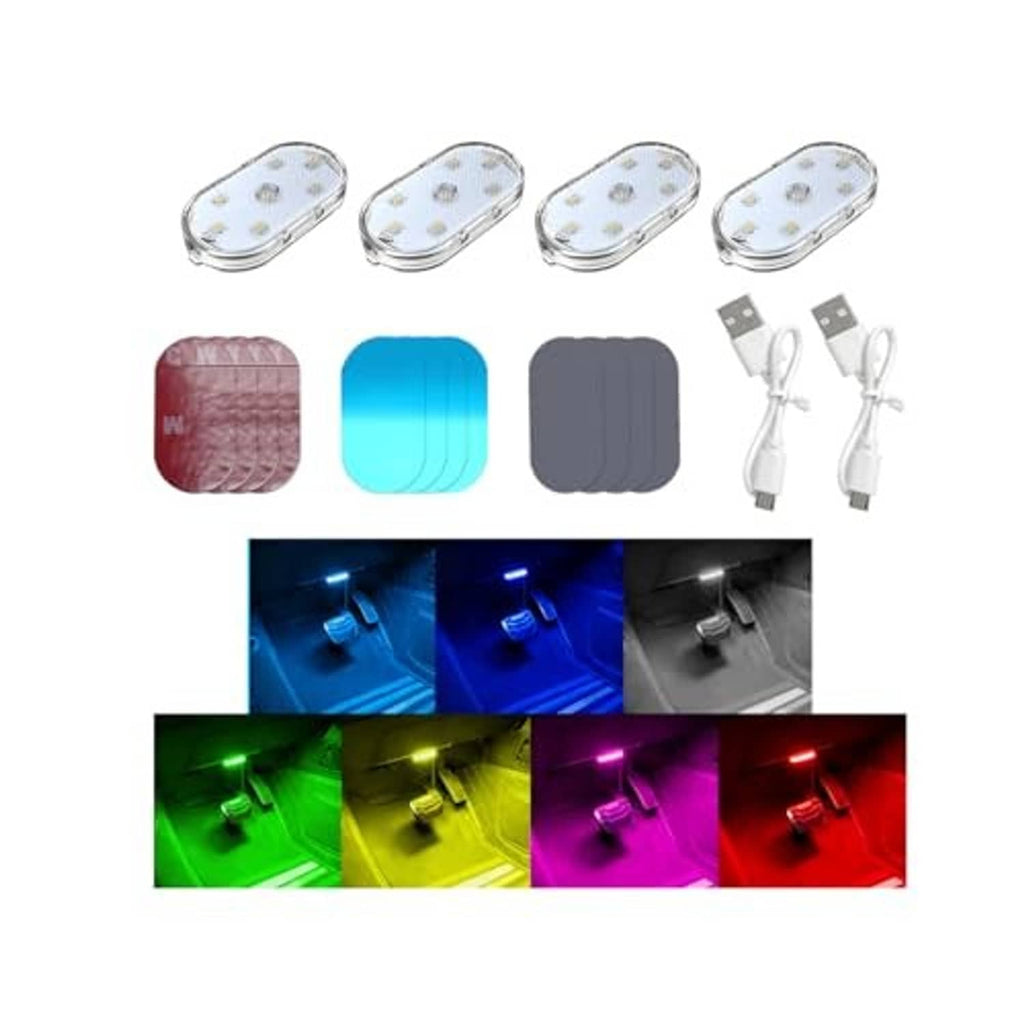Four oval wireless LED car interior lights kit with USB charging cables and mute color panels