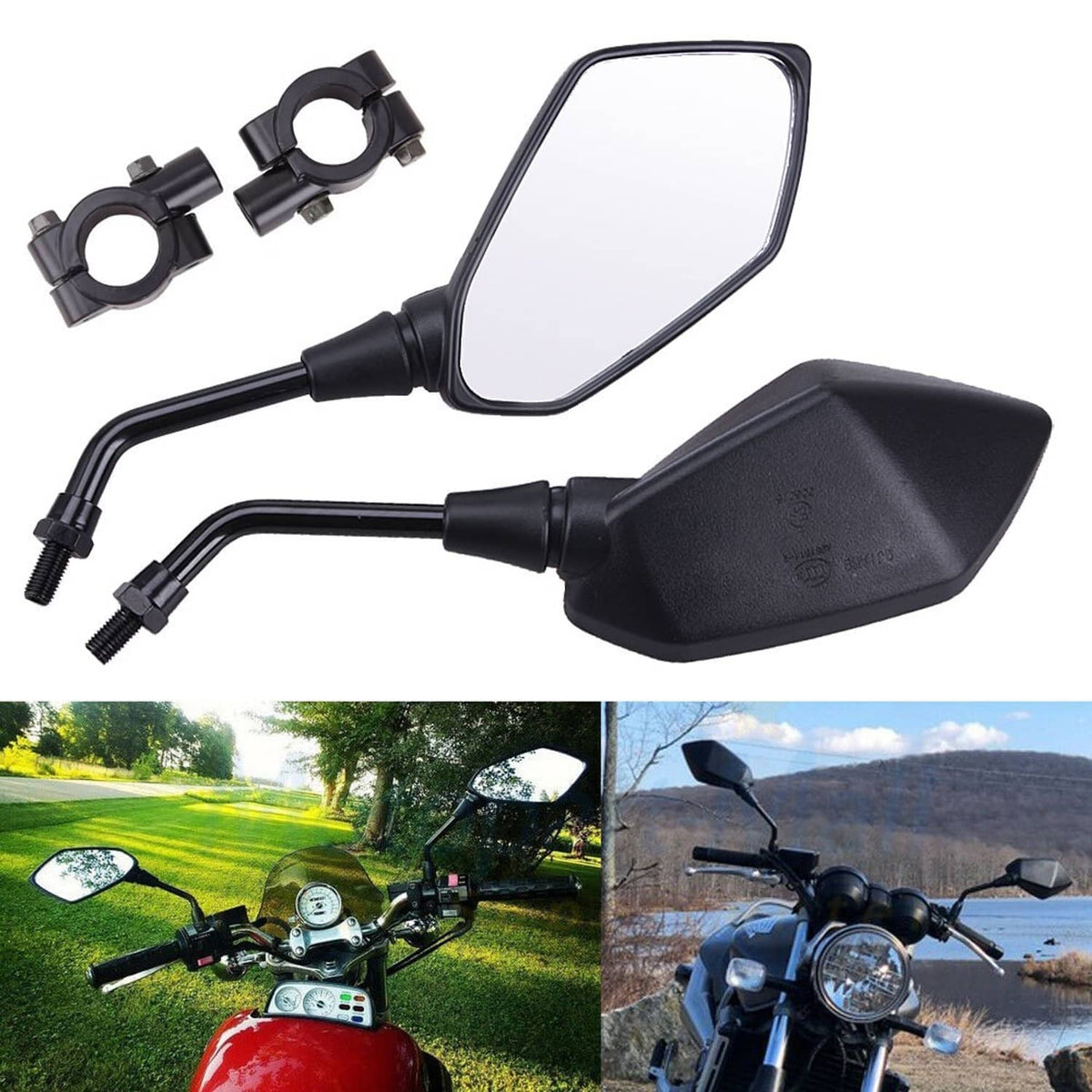 Black motorcycle handlebar rearview side mirrors with rectangular convex lenses and clamps