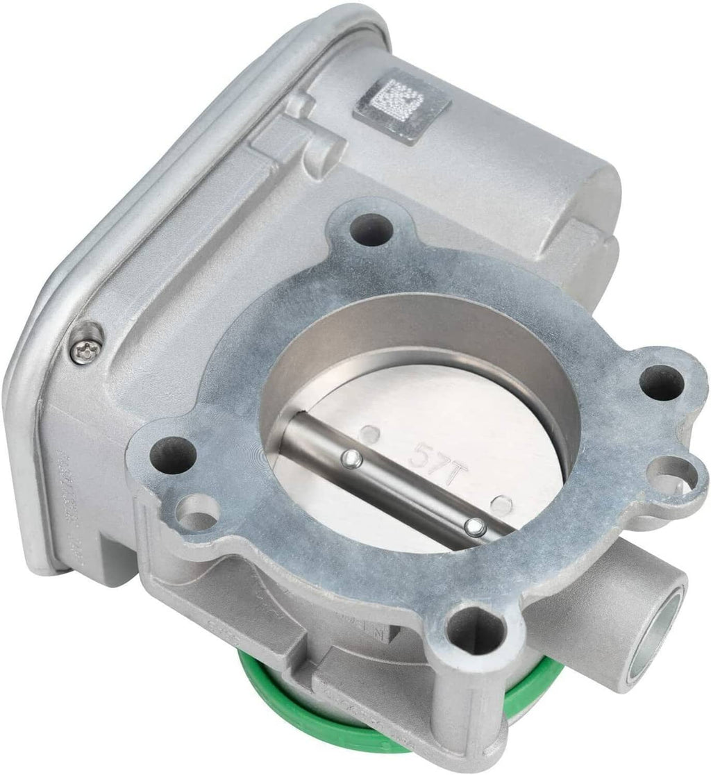 Electronic throttle body with circular bore and mounting holes, silver housing