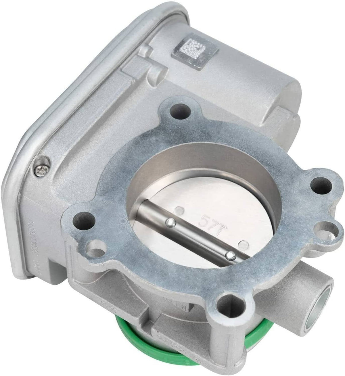 Electronic throttle body with circular bore and mounting holes, silver housing