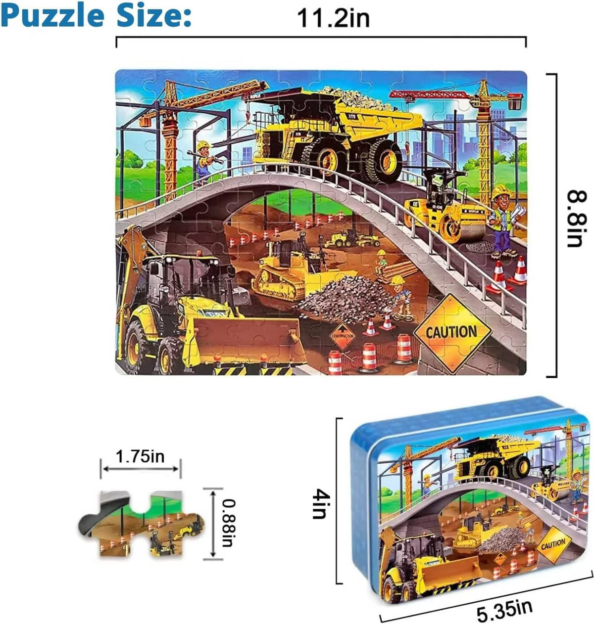 Construction site kids jigsaw puzzle box set with vehicle scene and size diagram