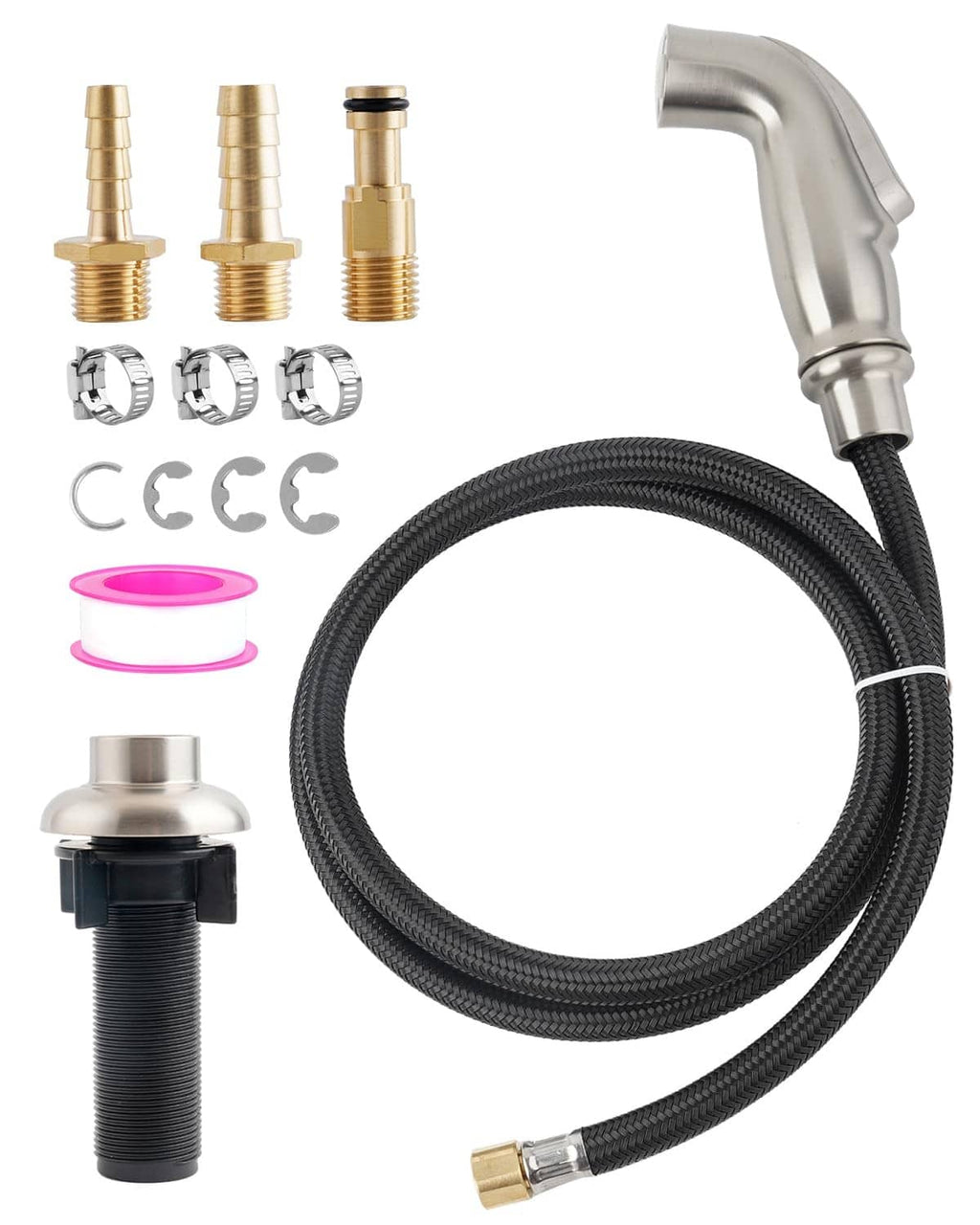 Brushed nickel sink spray attachment with braided hose and brass adapters set, assorted parts