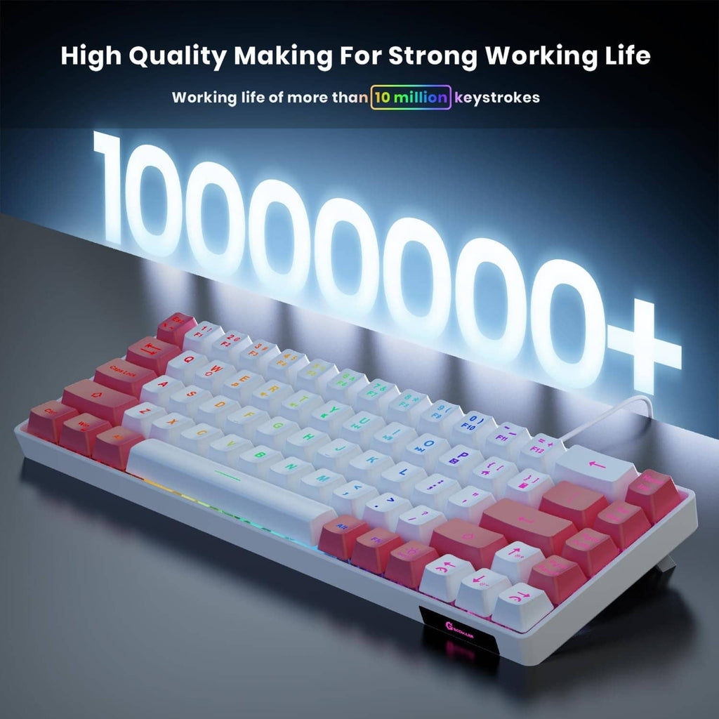 RGB backlit mini gaming keyboard with white and pink keycaps and bright multicolor LEDs