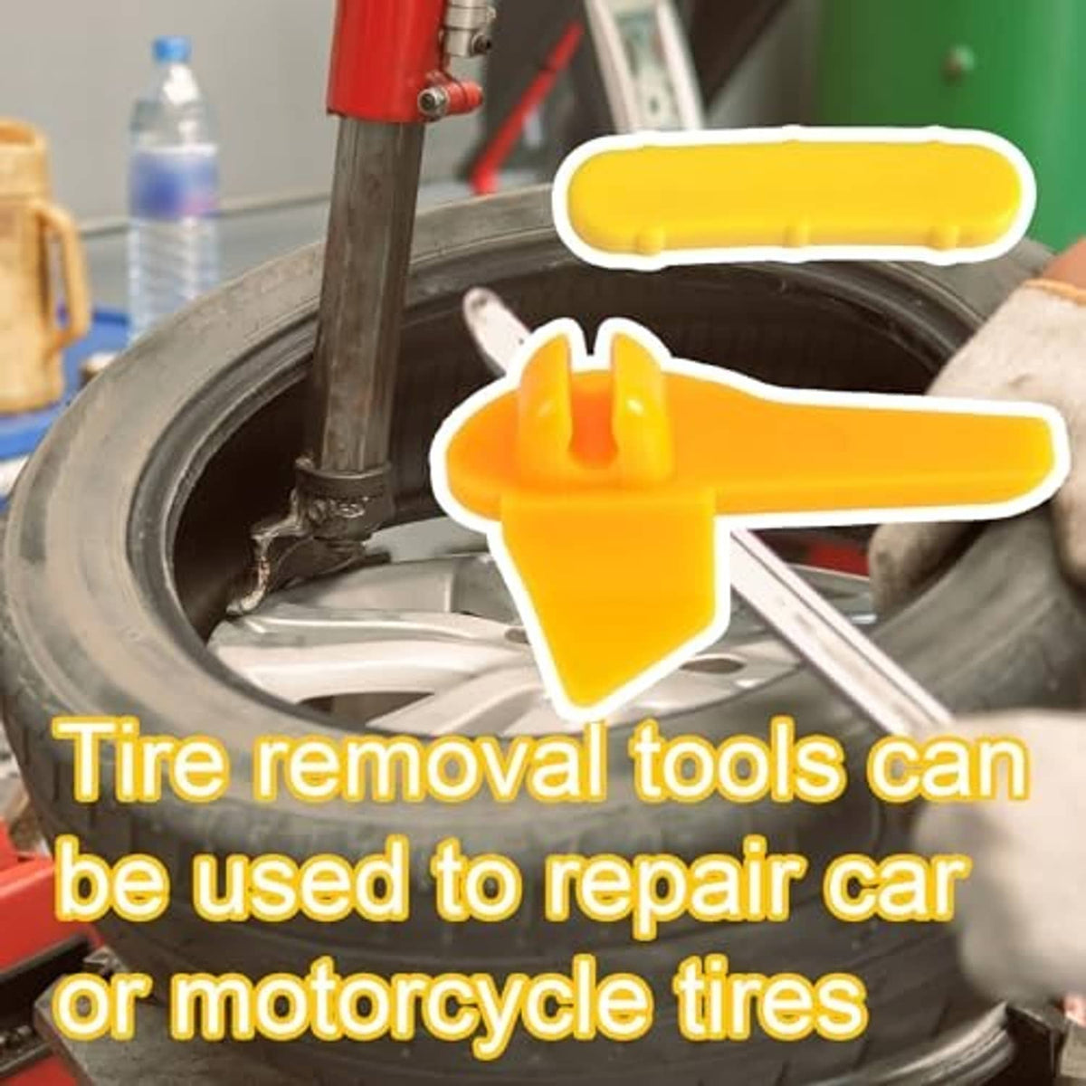 Yellow tire rim protector inserts on a wheel rim during tire removal, prongs facing inward