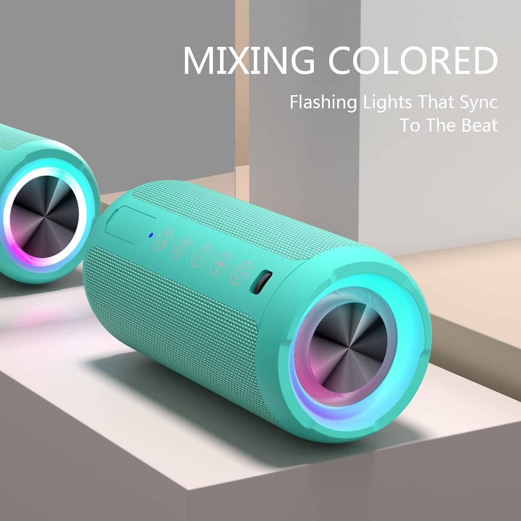 Teal cylindrical Bluetooth speaker with dual-tone light rings and control buttons on side
