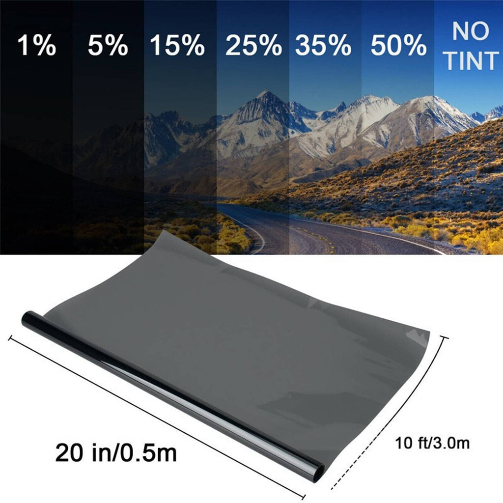 Window tint film sheet, dark gray, 20 in/0.5 m width and 10 ft/3.0 m length.