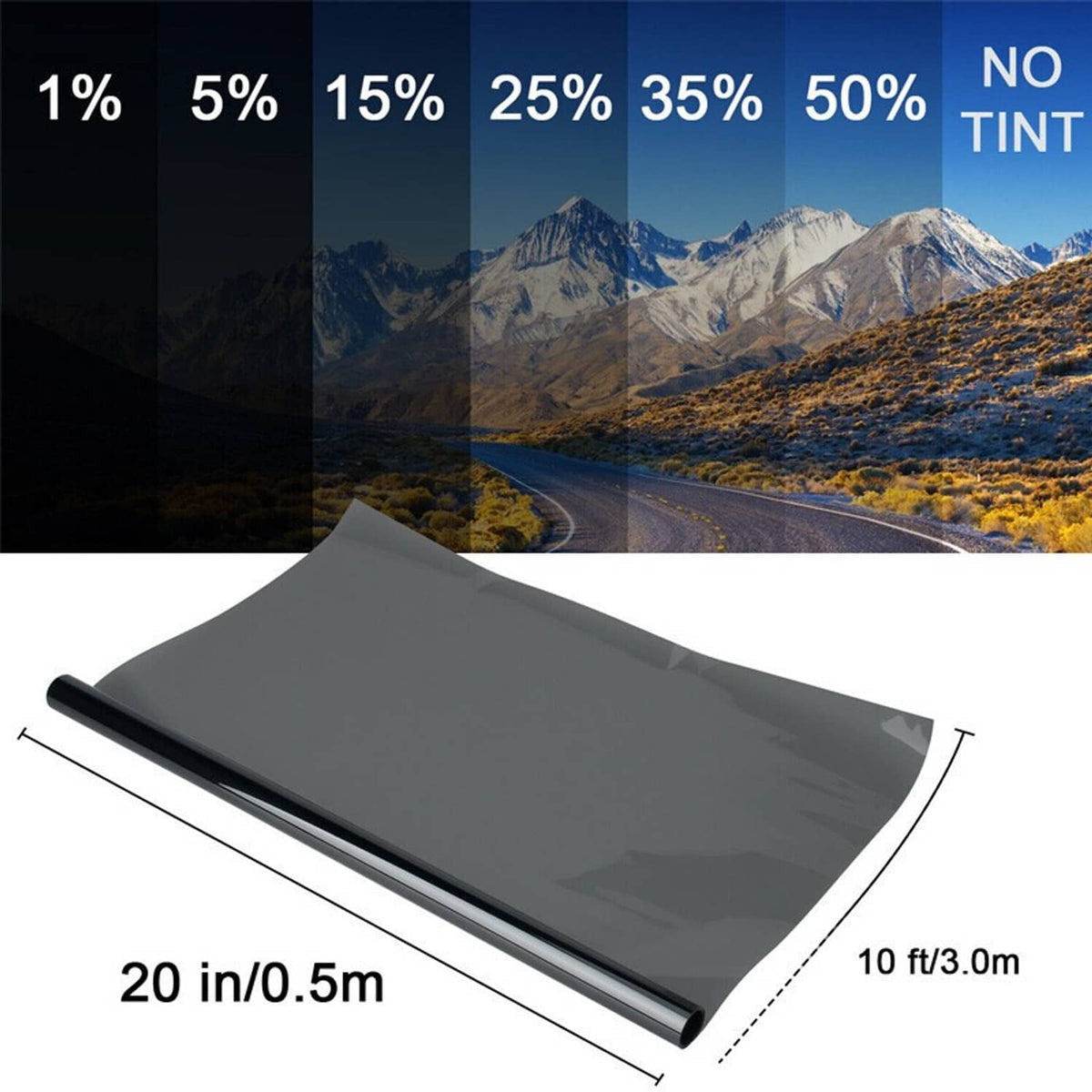 Window tint film sheet, dark gray, 20 in/0.5 m width and 10 ft/3.0 m length.