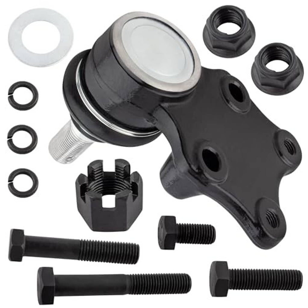 Angled view of black ball joint assembly with threaded stud and mounting hardware