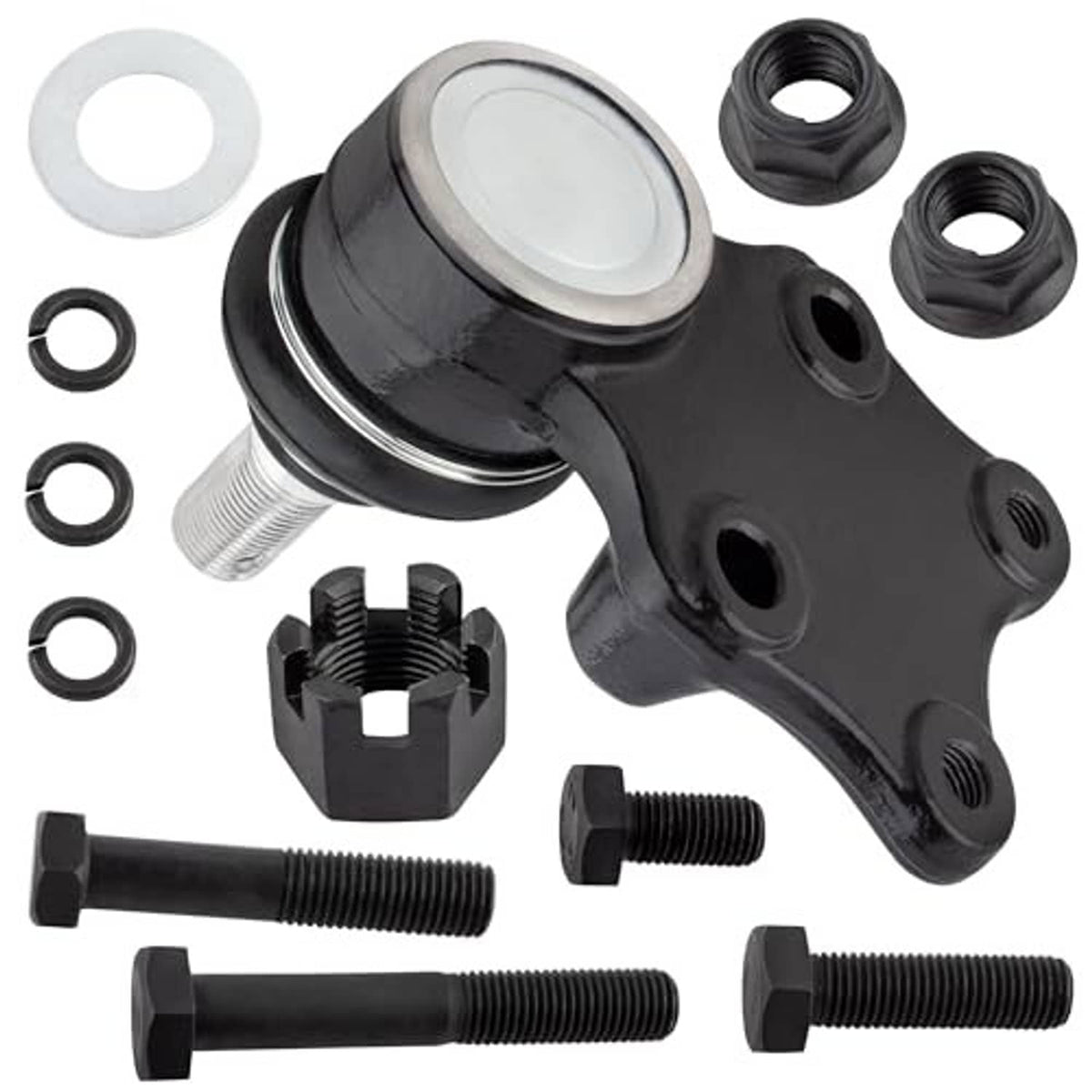 Angled view of black ball joint assembly with threaded stud and mounting hardware