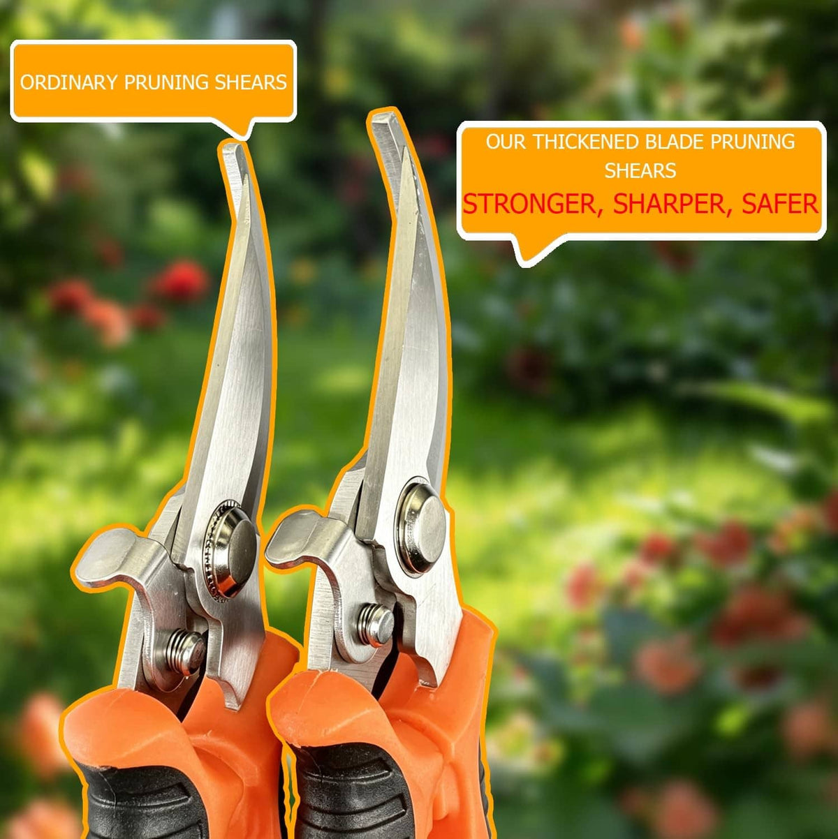 Orange-handled pruning shears close-up with two curved metal blades.