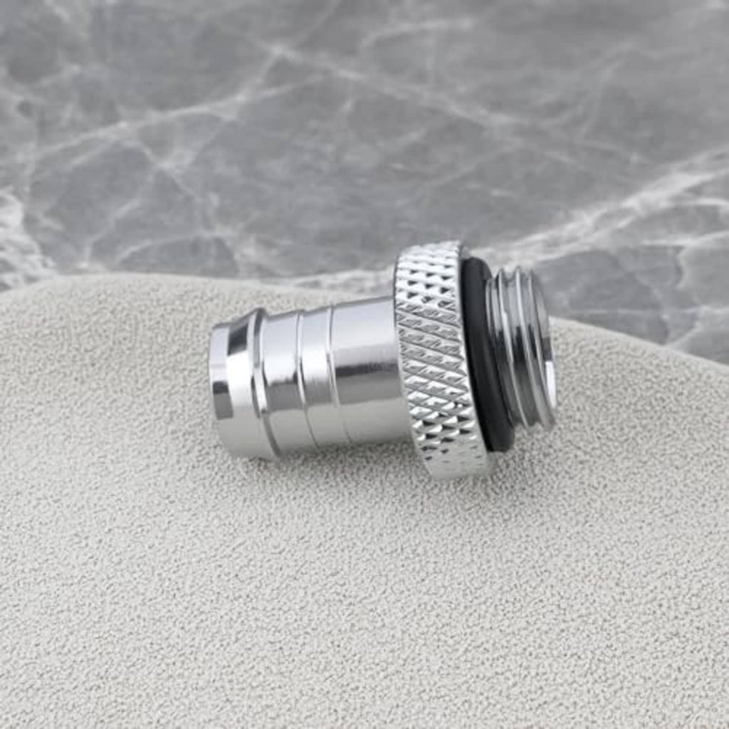 Silver hose barb fitting connector on speckled surface, knurled grip and black seal